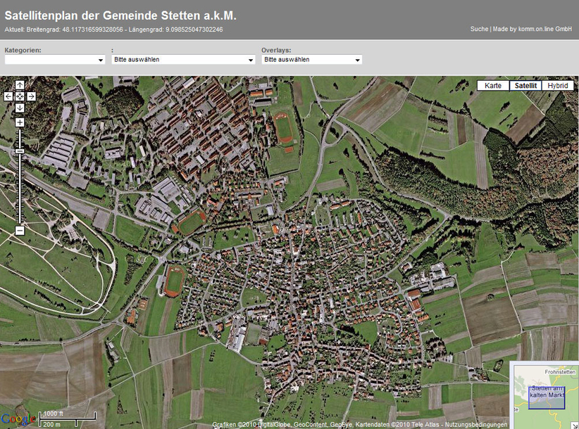Screenshot Satellitenplan der Gemeinde Stetten am kalten Markt